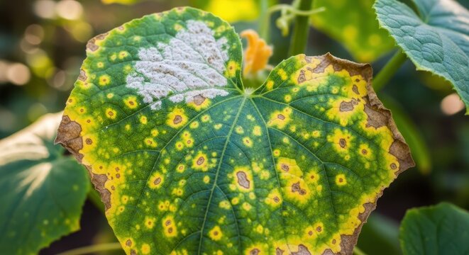 Diseased leaf with fungal spots and yellow patches.