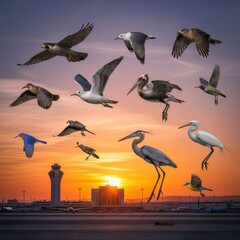 Obraz premium Diverse Birds Flying at Sunset Over Airport Tower.