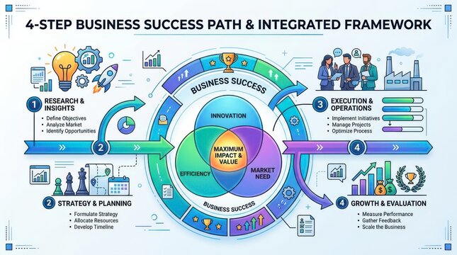 Four step business success path infographic with integrated framework diagram