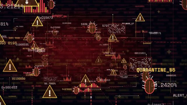 Cybersecurity threat alert with digital virus icons and data analysis on dark red background