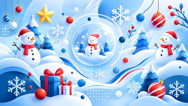 Winter wonderland scene with snowmen christmas trees snow globe presents in a snowy landscape