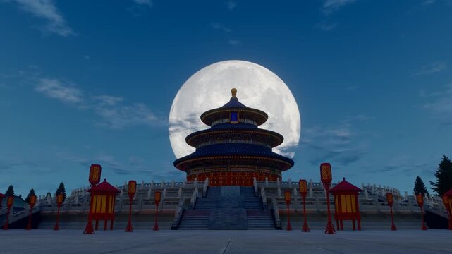 The moon rises over the Hall of Prayer for Good Harvests at the Temple of Heaven in Beijing during the Mid-Autumn Festival(3D software Lumion makes non-AI)