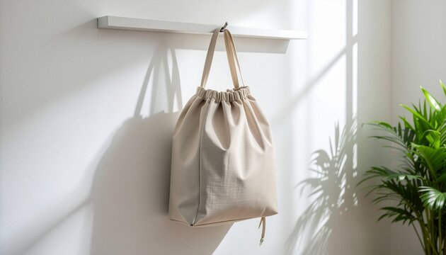 Minimalist beige drawstring tote bag hanging on a white wall in a sunlit room.