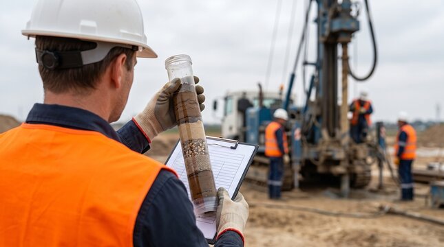 Geotechnical soil engineer, with hardhat and orange vest holding core sample tube, analyzing soil strata layers on clipboard chart, at outdoor drilling construction site, engineering photography