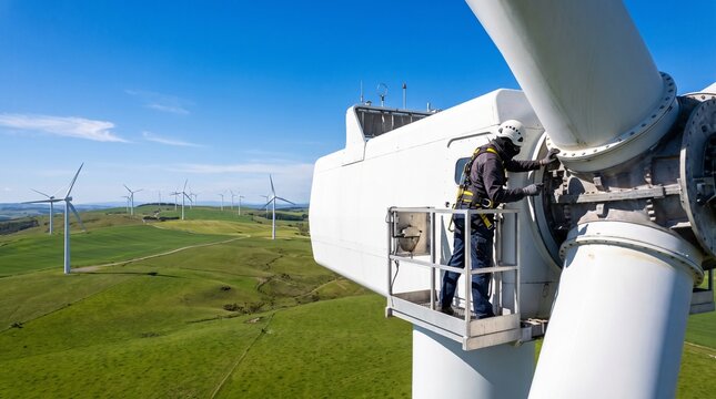 Wind turbine service technician, with helmet and safety harness on high platform, performing maintenance on turbine rotor hub, at wind farm overlooking green hills, renewable energy photography