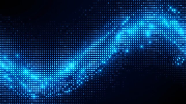 Abstract background featuring a glowing blue wave pattern composed of small digital pixels creating a modern technological and futuristic design concept