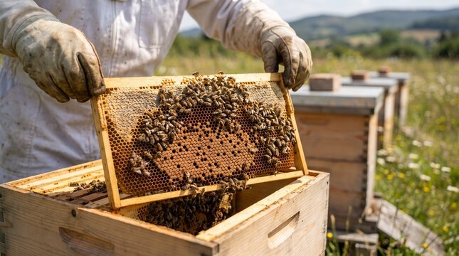 Beekeeper hands in protective gloves, with honeycomb frame covered in honeybees, lifting wooden frame from hive, in outdoor rural apiary field, apiculture agriculture photography