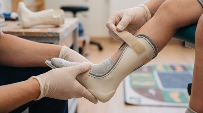 Orthotist hands in white medical gloves, with rigid plastic ankle foot orthosis, fitting adjustable strap on patient leg, in rehabilitation clinic room, orthopedic healthcare photography