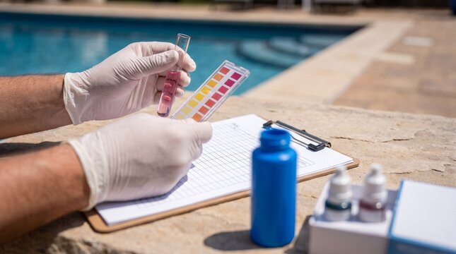 Pool technician hands in white protective gloves, with glass test tube and color comparator strip, checking water chemical ph level, beside outdoor swimming pool, service water testing photography