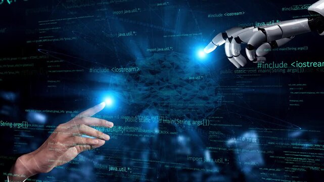 A stunning depiction of a human hand reaching out to a robotic hand amid a high-tech digital landscape filled with glowing code, symbolizing the bridge between humanity and technology. Xenic