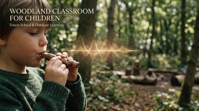 woodland classroom for children concept. Child playing flute in a woodland outdoor classroom setting for learning.