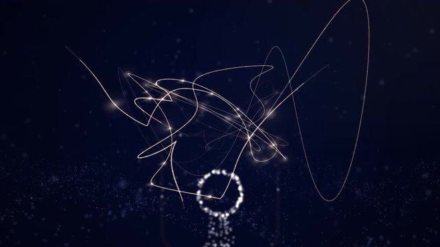 Abstract luminous light trails sweep with glowing light leaks and sparkling particles on dark blue space background. Dynamic light trails with ethereal particles and yellow blue light effects