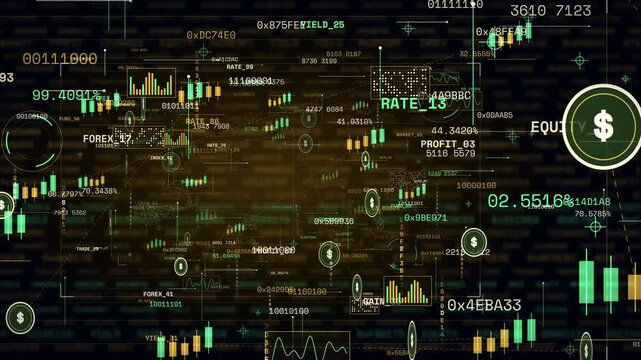 Digital financial data visualization with stock market charts and currency symbols loop