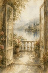 Obraz premium Dreamy watercolor terrace view of a serene lakeside landscape
