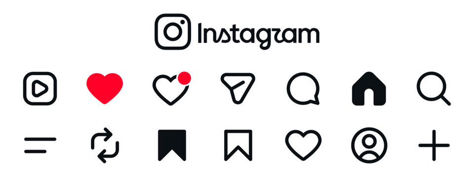 Instagram icons Instagram icons set, Social media interaction, social media icon set, with home, search, profile, reel, icon, symbol ; social media notification icons, repost like comment share icon