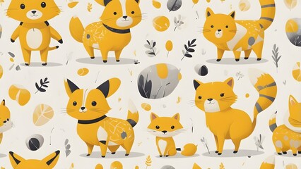 Fototapeta premium Cute Cartoon Yellow Animal Seamless Pattern Background, Adorable Whimsical Foxes and Dogs Illustration for Kids Design
