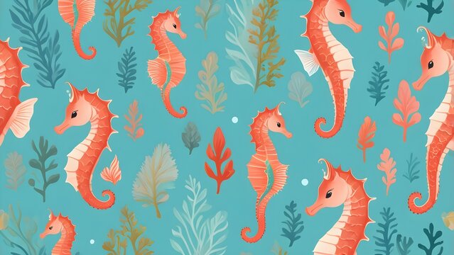 Vibrant seamless pattern with orange seahorses and various green and orange seaweed on a turquoise underwater background