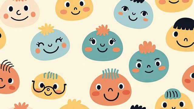 Cartoon faces pattern repeating design of happy characters ideal for print