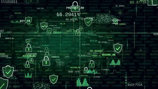Digital cyber security concept with glowing green shields and padlocks on a dark background with data streams and code