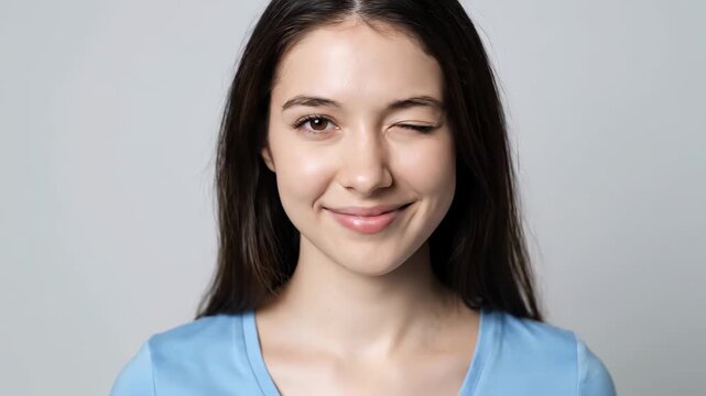 Bust of a long-haired woman on a light background, with a young woman blinking and smiling