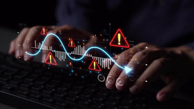 Economic caution visual showing risk alerts and financial volatility. Warning signs highlight economic downturn, market risk, finance crisis, and uncertainty in data-driven analysis. Muxer