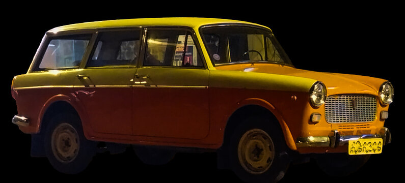 Classic brown and yellow premier Padmini car or FIAT 1100, legendary four-seat family sedan manufactured in India by Premier Automobiles Limited (PAL) from 1964 to 2001 under the lice from FIAT