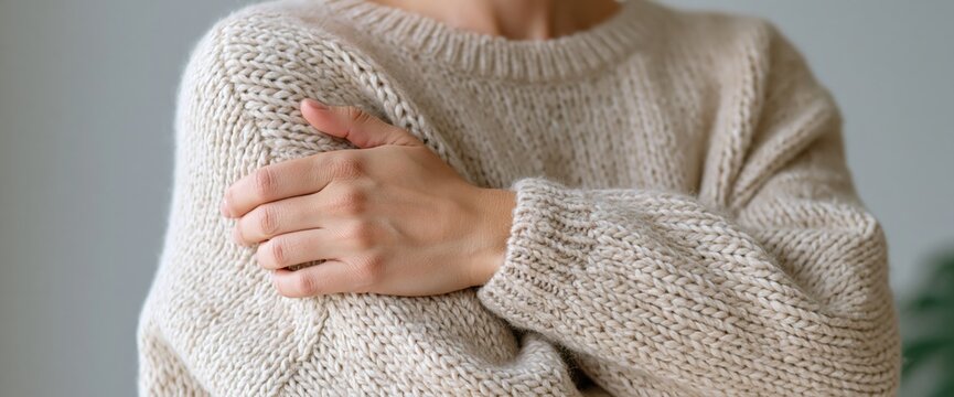 Woman in a soft beige knitted sweater hugging herself for comfort and warmth in cozy wool textile fashion clothing