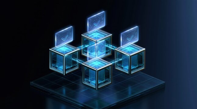 Blockchain network visualization with glowing digital glass cubes representing decentralized technology and data