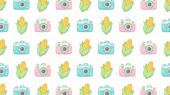 Seamless pattern with cute cartoon cameras and fresh corn cobs on a white background.