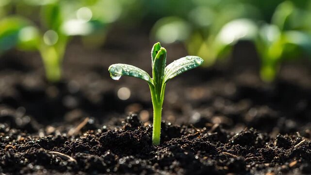 A close-up of a tender green seedling breaking through the soil