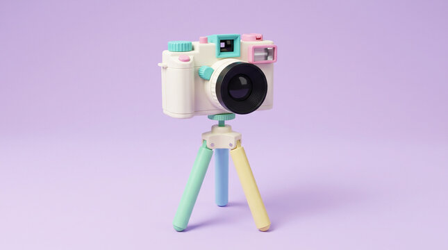 A cute pastel colored toy camera mounted on a small tripod against a light purple background.