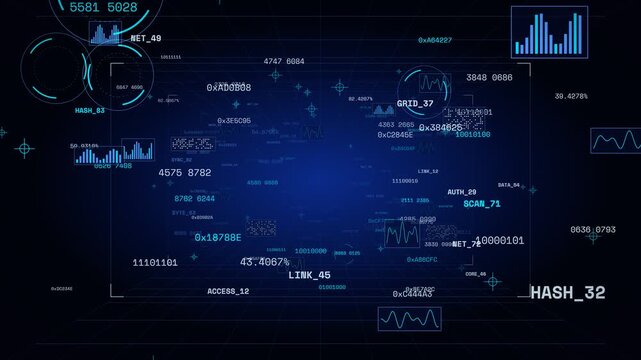 Digital data stream with hexadecimal codes and graphs representing network traffic and system performance