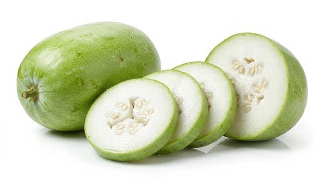 Fresh whole and sliced winter melon isolated on white background with wax gourd ash gourd organic vegetable green vegetable raw food winter squash asian vegetables vegetarian food