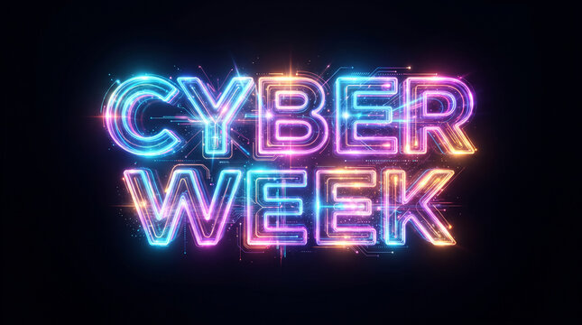 Colorful neon CYBER WEEK lettering on a black background for online shopping promotions, technology sales and digital deals.