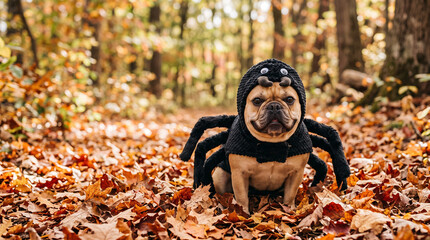 Obraz premium Cute dog wearing a black spider Halloween costume while sitting on fallen autumn leaves in a forest setting.