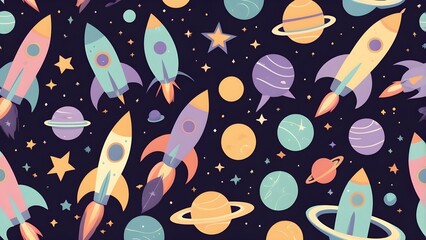 Fototapeta premium Cute seamless pattern with colorful cartoon rockets, planets, and stars in outer space. Whimsical cosmic galaxy background design.
