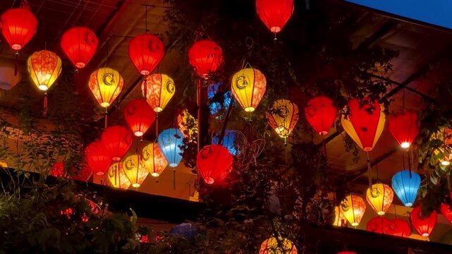 Hoi An, Vietnam - Vietnamese and Chinese Lanterns in the Ancient Town, Evening Footage, Colorful Paper Lanterns, Stunning Authentic Asian Decor, Atmospheric Historic Town Near Da Nang, Slow-Motion 4K 