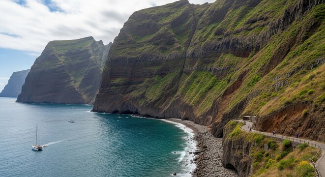 Dramatic Coastal Cliffs Overlooking Turquoise Ocean Waters.