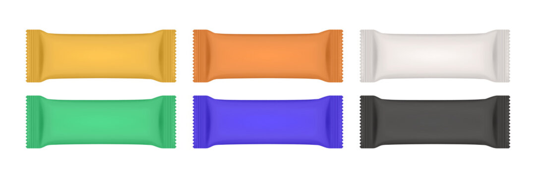 Six colorful rectangular food wrappers isolated on a transparent background