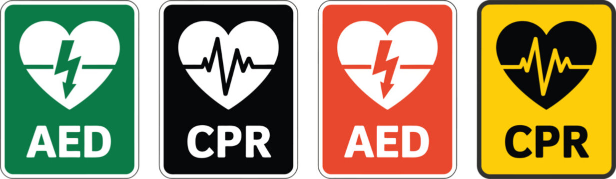 AED emergency defibrillator symbols for automated external defibrillation, CPR, cardiac rescue, heart emergencies and medical response applications, vector, designs