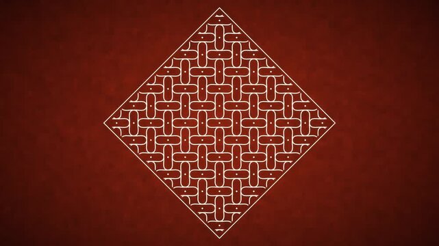 White kolam pattern drawing itself line by line around a dot grid on a terracotta floor, traditional South Indian art