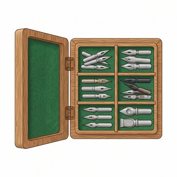 Vintage Calligraphy Nib Set in Wooden Box Illustration