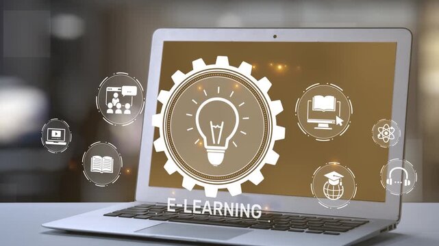 A modern laptop displays an e-learning concept featuring a gear icon and light bulb, symbolizing innovation in digital education and technology-driven learning experiences. Salient