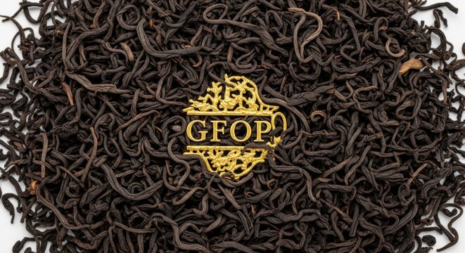 Dried Black Tea Leaves with Golden Brand Logo.