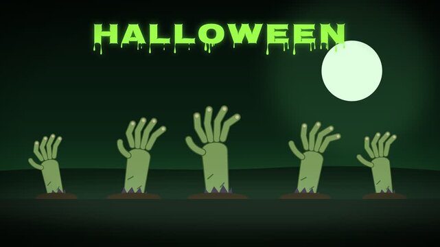 Halloween zombie hands rising from the ground under a full moon with dripping text