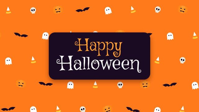 Happy Halloween greeting card with cute ghost pumpkin bat and candy corn pattern loop