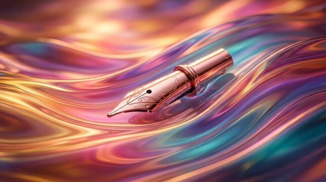 Elegant metallic fountain pen nib resting on iridescent liquid surface with flowing colorful waves.
