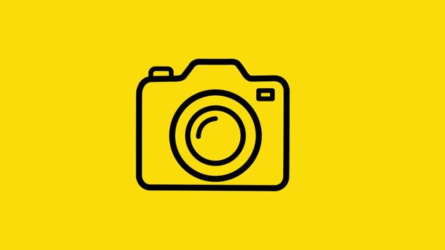 Minimalist digital camera line icon on bright yellow background