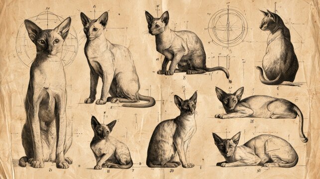 Multiple studies of a cat featuring detailed technical accuracy and decorative reference markers.