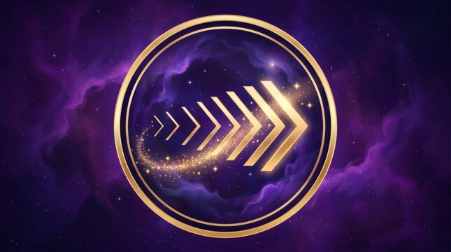 Golden arrow symbol moving through deep purple cosmic nebula within circular frame for achievement and progress concepts.